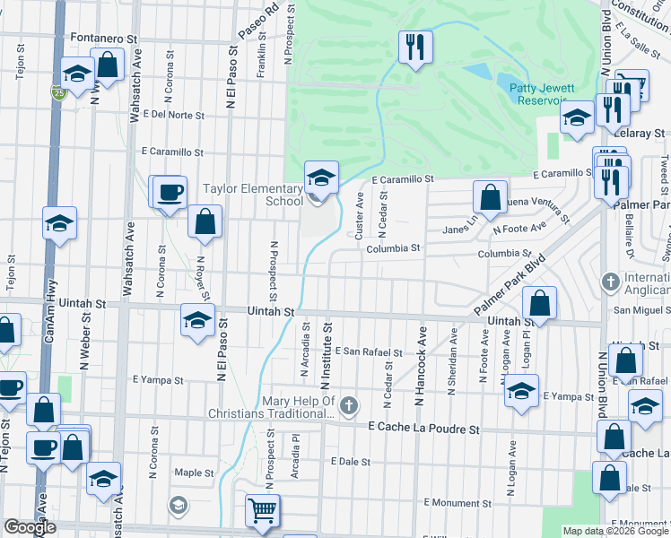 map of restaurants, bars, coffee shops, grocery stores, and more near 917 East San Miguel Street in Colorado Springs