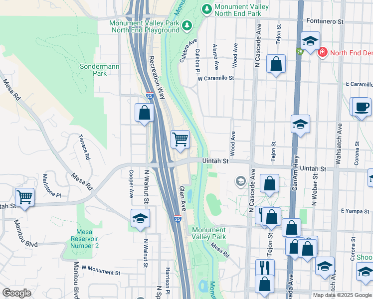 map of restaurants, bars, coffee shops, grocery stores, and more near 330 West Uintah Street in Colorado Springs