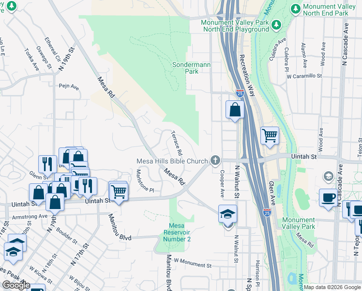 map of restaurants, bars, coffee shops, grocery stores, and more near 1139 Terrace Road in Colorado Springs