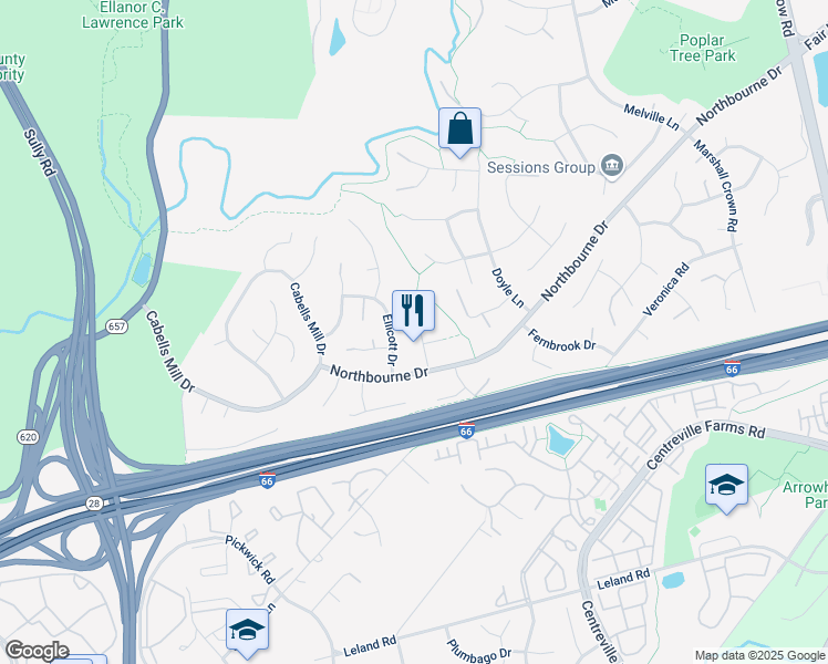 map of restaurants, bars, coffee shops, grocery stores, and more near 5208 High Grove Hills Lane in Centreville
