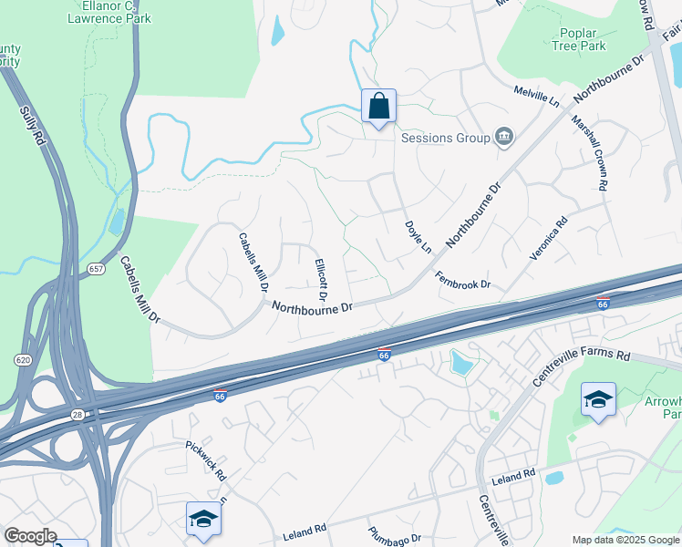 map of restaurants, bars, coffee shops, grocery stores, and more near 5208 High Grove Hills Lane in Centreville
