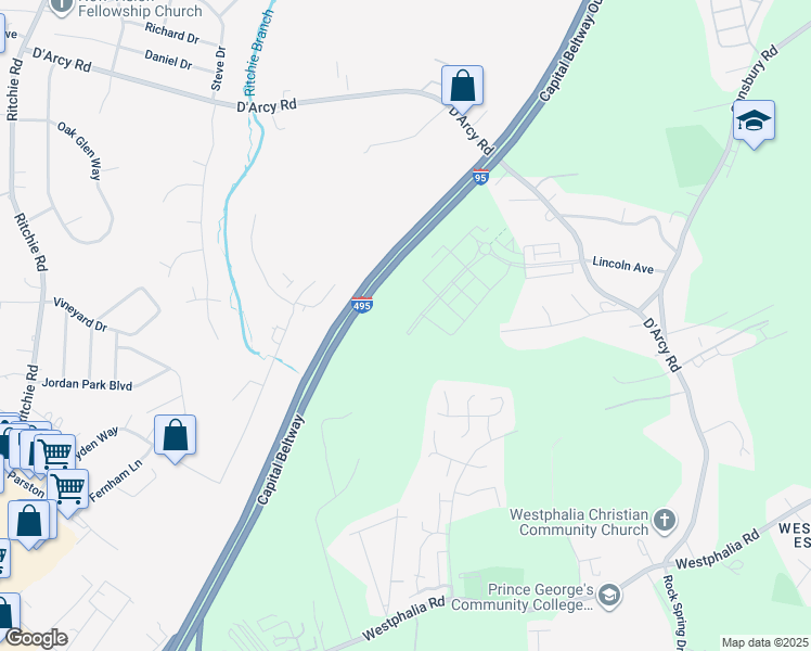 map of restaurants, bars, coffee shops, grocery stores, and more near 7833 Presidential Parkway in Westphalia