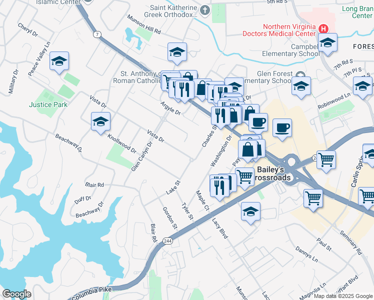 map of restaurants, bars, coffee shops, grocery stores, and more near 6008 Vista Drive in Bailey's Crossroads
