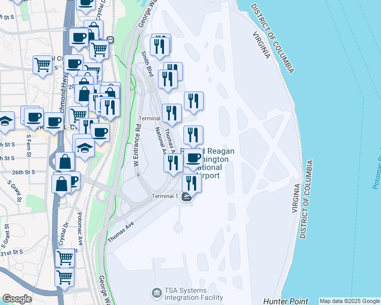 map of restaurants, bars, coffee shops, grocery stores, and more near 1 Smith Boulevard in Arlington