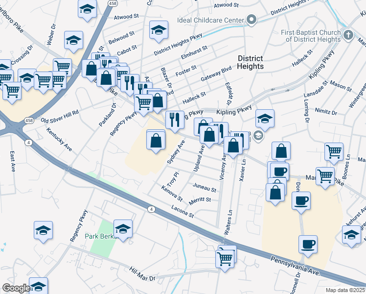 map of restaurants, bars, coffee shops, grocery stores, and more near 6500 Grafton Street in District Heights