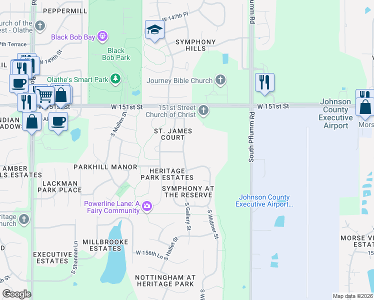 map of restaurants, bars, coffee shops, grocery stores, and more near 15303 South Gallery Street in Olathe