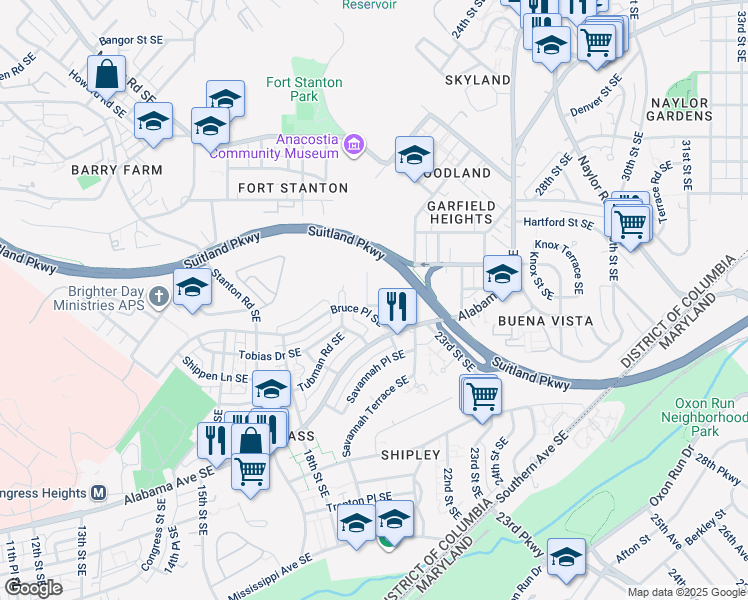 map of restaurants, bars, coffee shops, grocery stores, and more near 2000 Jasper Street Southeast in Washington