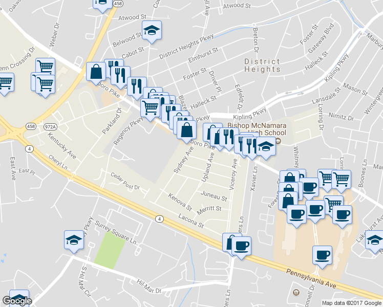 map of restaurants, bars, coffee shops, grocery stores, and more near 6500 Grafton Street in District Heights