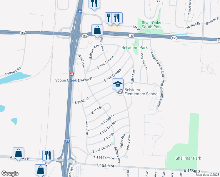 map of restaurants, bars, coffee shops, grocery stores, and more near 6209 East 150th Street in Grandview
