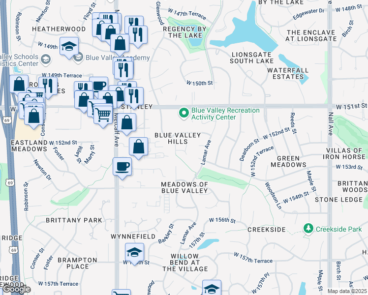 map of restaurants, bars, coffee shops, grocery stores, and more near 6629 West 152nd Street in Overland Park