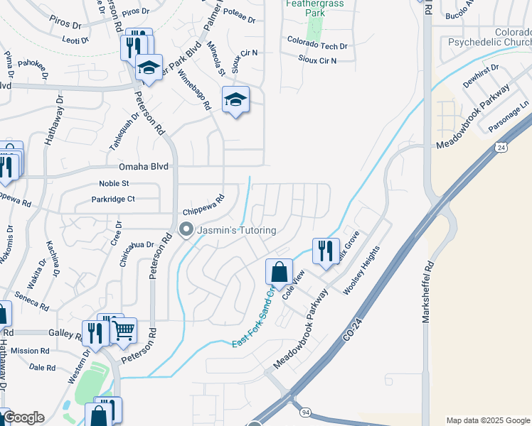 map of restaurants, bars, coffee shops, grocery stores, and more near 1095 Western Drive in Colorado Springs