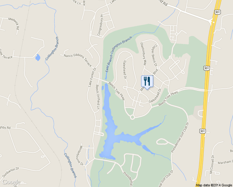 map of restaurants, bars, coffee shops, grocery stores, and more near 15407 Beech Tree Parkway in Upper Marlboro