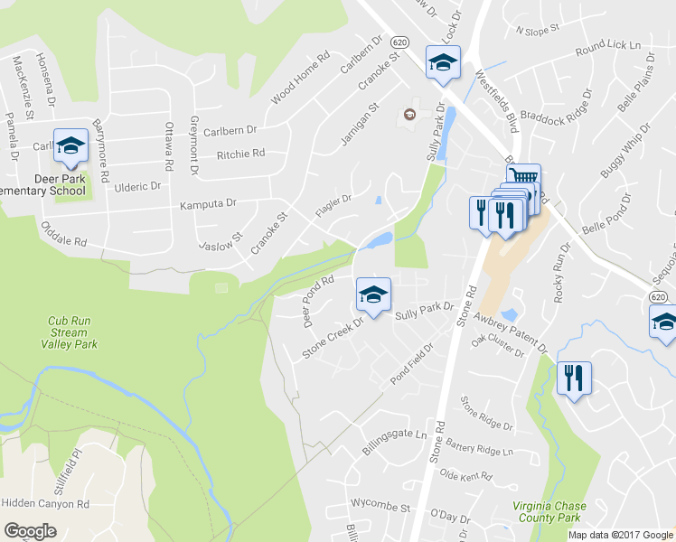 map of restaurants, bars, coffee shops, grocery stores, and more near 5704 Deer Pond Road in Centreville
