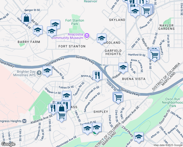 map of restaurants, bars, coffee shops, grocery stores, and more near 2000 Jasper Street Southeast in Washington