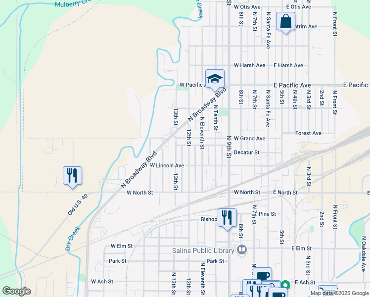 map of restaurants, bars, coffee shops, grocery stores, and more near 616 North 13th Street in Salina