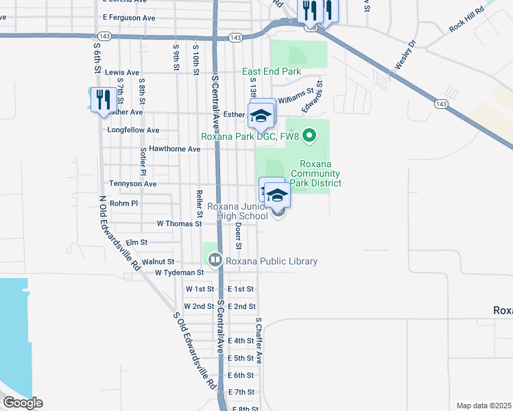 map of restaurants, bars, coffee shops, grocery stores, and more near 601 Chaffer Avenue in Roxana
