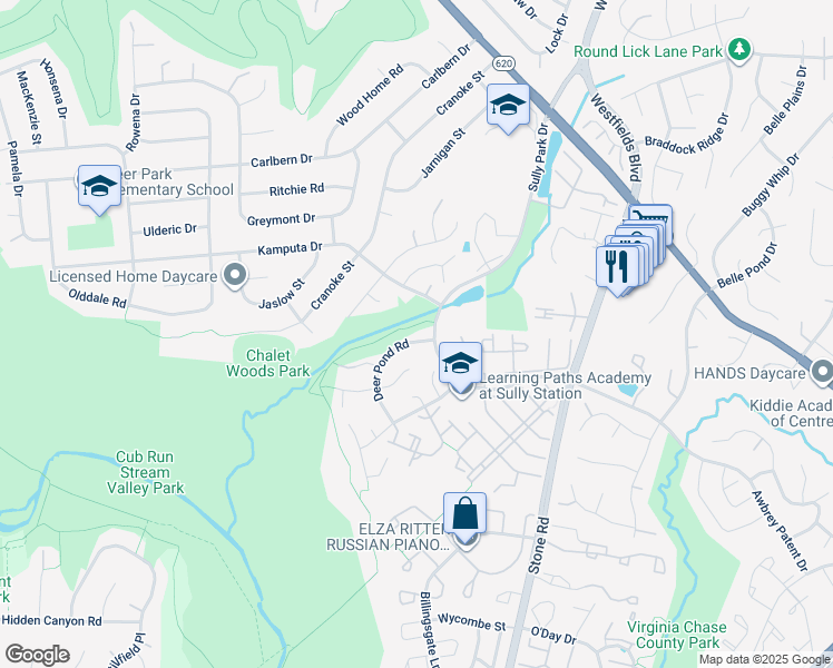 map of restaurants, bars, coffee shops, grocery stores, and more near 5704 Deer Pond Road in Centreville