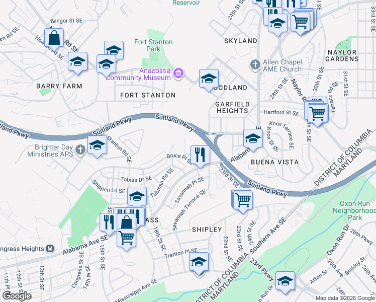 map of restaurants, bars, coffee shops, grocery stores, and more near 1350 Jasper Street Southeast in Washington