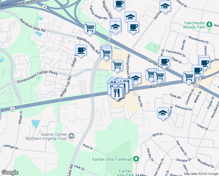 map of restaurants, bars, coffee shops, grocery stores, and more near 4176 Morrisons Way in Fairfax