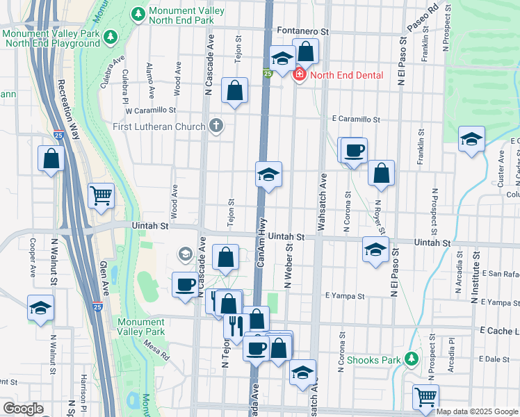 map of restaurants, bars, coffee shops, grocery stores, and more near 2312 North Nevada Avenue in Colorado Springs