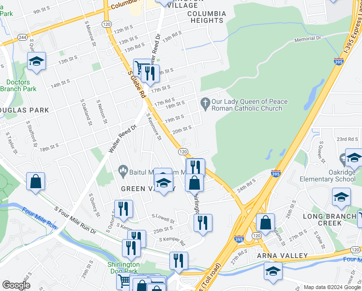 map of restaurants, bars, coffee shops, grocery stores, and more near 2029 South Glebe Road in Arlington