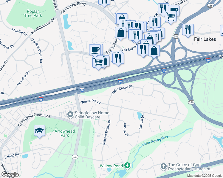 map of restaurants, bars, coffee shops, grocery stores, and more near 4992 Collin Chase Place in Fairfax