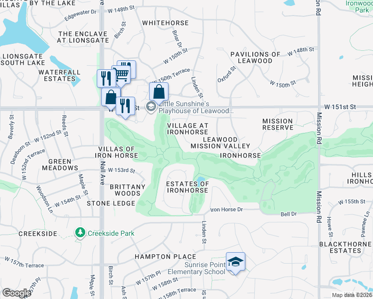 map of restaurants, bars, coffee shops, grocery stores, and more near 15228 Linden Street in Overland Park