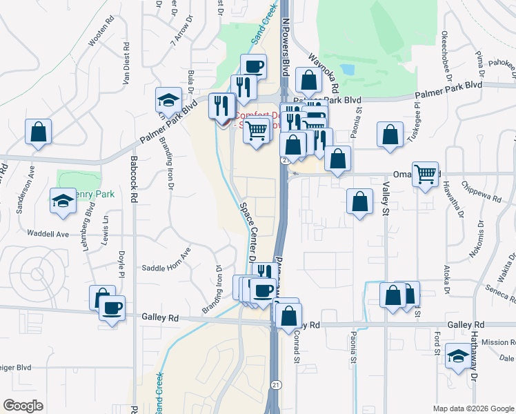 map of restaurants, bars, coffee shops, grocery stores, and more near 1255 Half Circle Lane in Colorado Springs