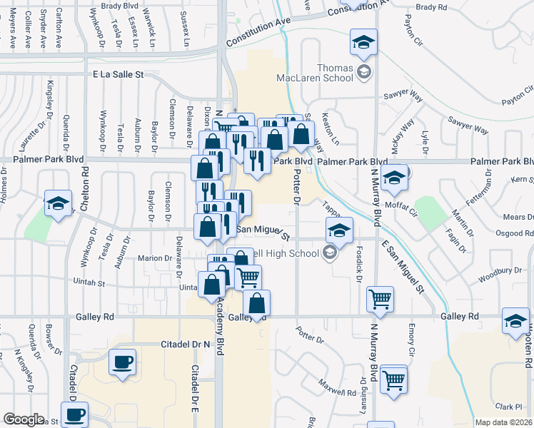 map of restaurants, bars, coffee shops, grocery stores, and more near 3920 East San Miguel Street in Colorado Springs
