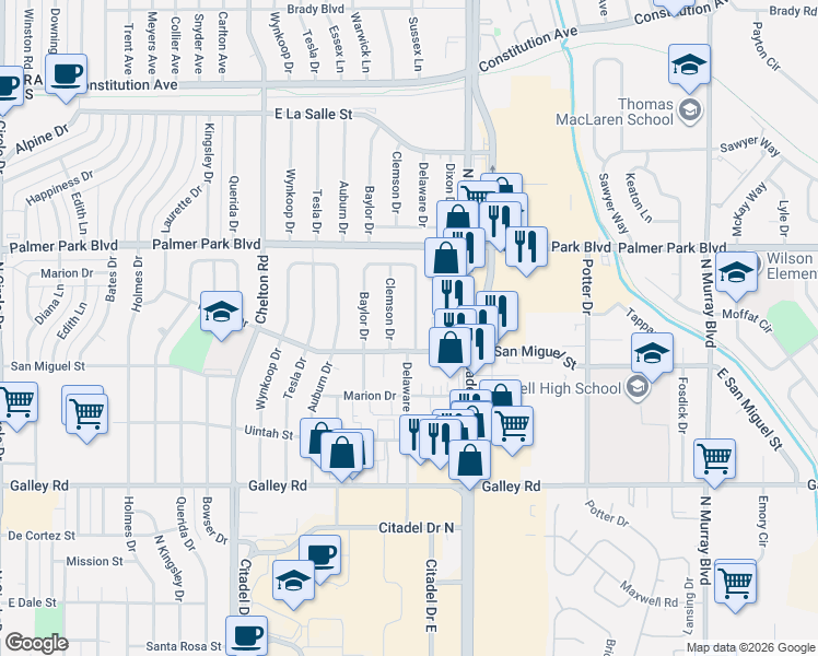 map of restaurants, bars, coffee shops, grocery stores, and more near 1307 Clemson Drive in Colorado Springs