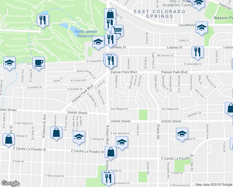 map of restaurants, bars, coffee shops, grocery stores, and more near 1824 Francis Place in Colorado Springs