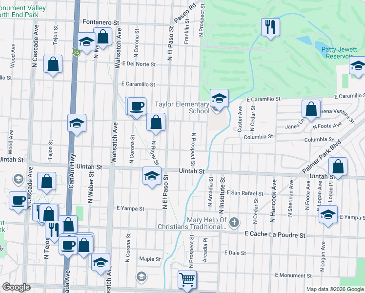 map of restaurants, bars, coffee shops, grocery stores, and more near 1231 North Franklin Street in Colorado Springs