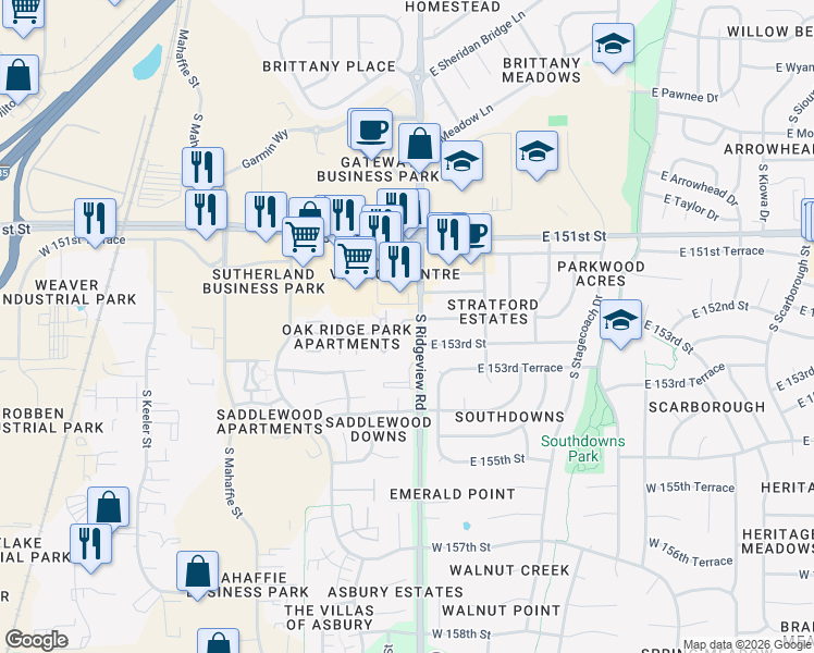 map of restaurants, bars, coffee shops, grocery stores, and more near 18615 West 152nd Terrace in Olathe