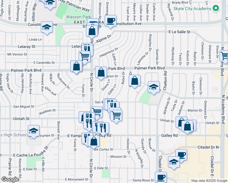 map of restaurants, bars, coffee shops, grocery stores, and more near 1321 Bates Drive in Colorado Springs