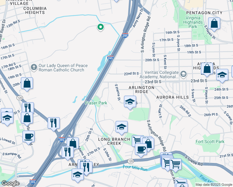 map of restaurants, bars, coffee shops, grocery stores, and more near 2322 South Pierce Street in Arlington