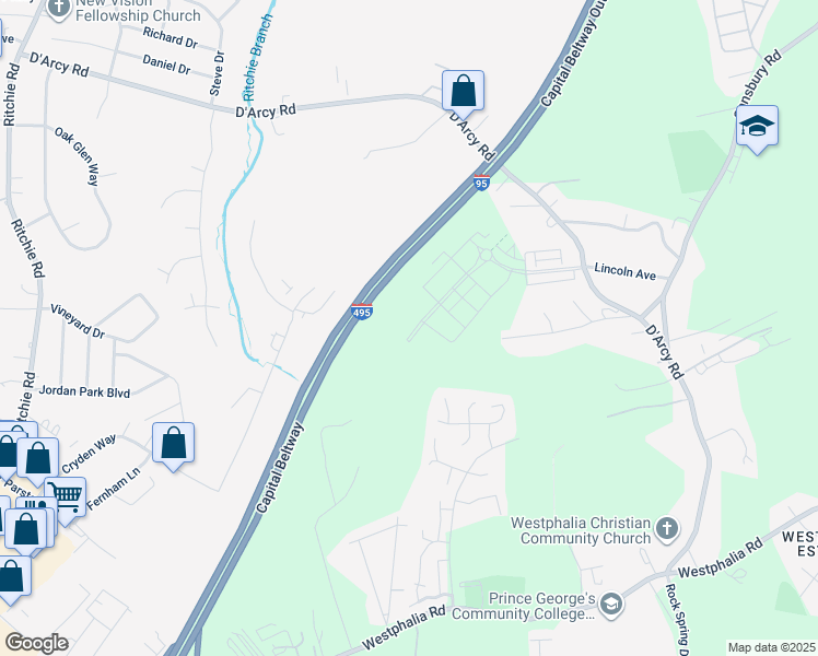 map of restaurants, bars, coffee shops, grocery stores, and more near 7833 Presidential Parkway in Westphalia