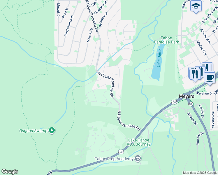 map of restaurants, bars, coffee shops, grocery stores, and more near 2184 Oaxaco Street in South Lake Tahoe