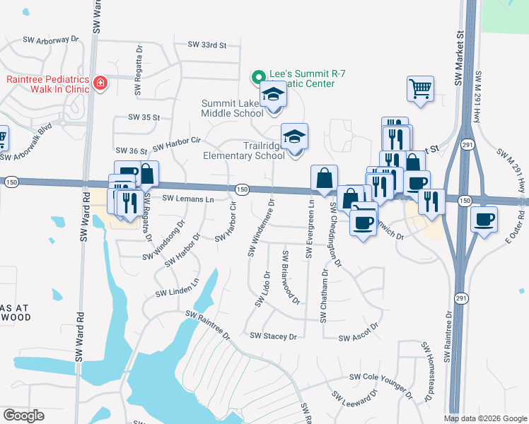 map of restaurants, bars, coffee shops, grocery stores, and more near 504 Southwest Windmill Lane in Lee's Summit