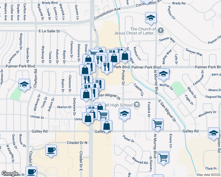 map of restaurants, bars, coffee shops, grocery stores, and more near 3920 East San Miguel Street in Colorado Springs