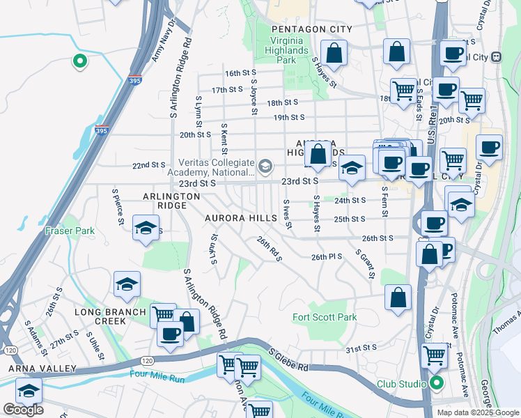 map of restaurants, bars, coffee shops, grocery stores, and more near 2401 South Joyce Street in Arlington