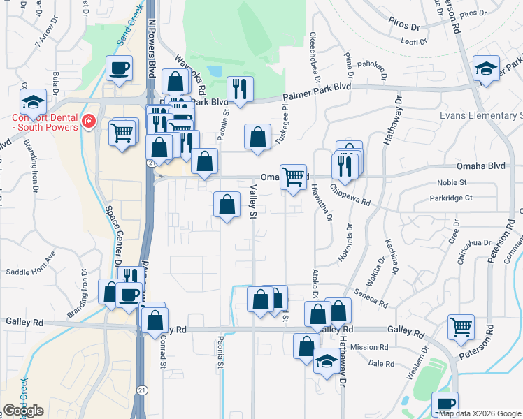 map of restaurants, bars, coffee shops, grocery stores, and more near 1425 Valley Street in Colorado Springs