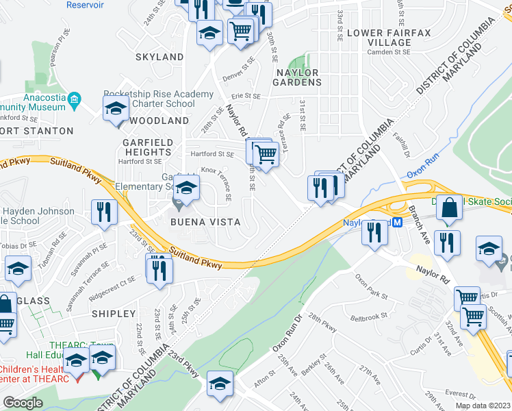 map of restaurants, bars, coffee shops, grocery stores, and more near 3031 30th Street Southeast in Washington