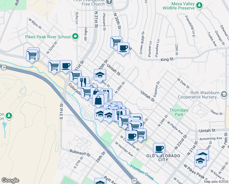 map of restaurants, bars, coffee shops, grocery stores, and more near 113 North 28th Street in Colorado Springs