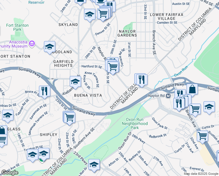 map of restaurants, bars, coffee shops, grocery stores, and more near 3031 30th Street Southeast in Washington