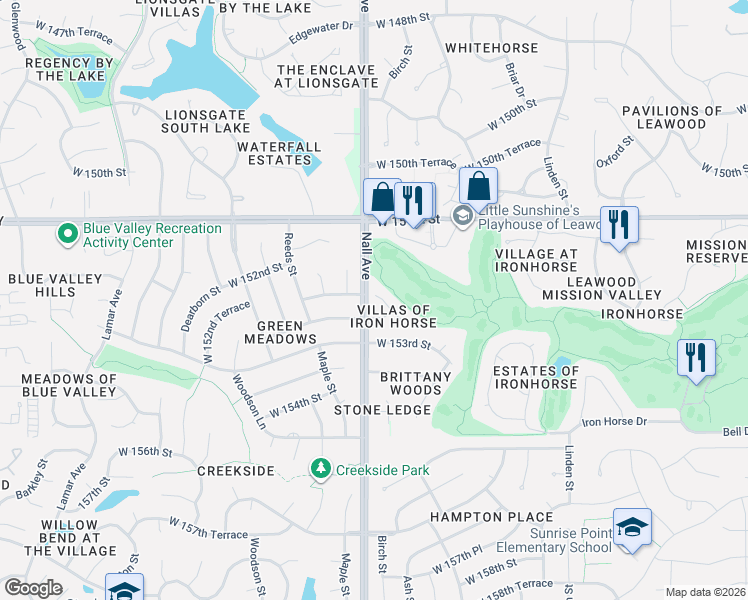 map of restaurants, bars, coffee shops, grocery stores, and more near 5444 West 152nd Place in Overland Park