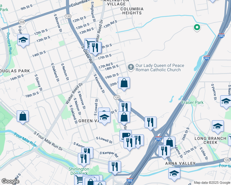 map of restaurants, bars, coffee shops, grocery stores, and more near 2025 South Glebe Road in Arlington