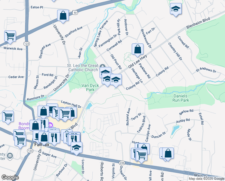 map of restaurants, bars, coffee shops, grocery stores, and more near 3705 Old Lee Highway in Fairfax