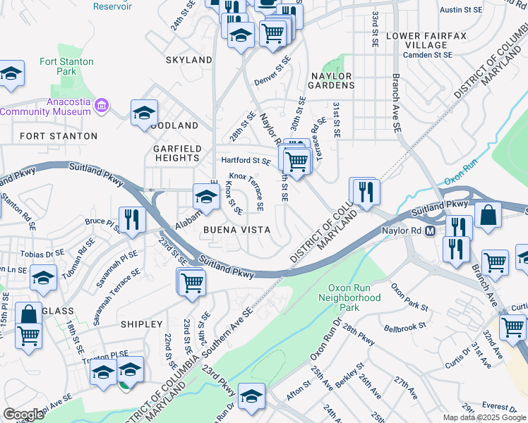 map of restaurants, bars, coffee shops, grocery stores, and more near 2742 Knox Terrace Southeast in Washington