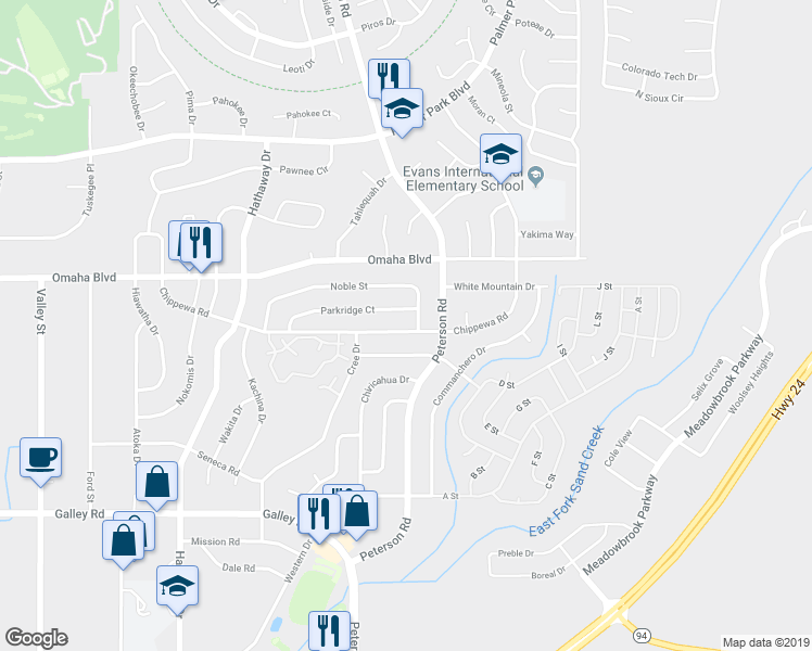map of restaurants, bars, coffee shops, grocery stores, and more near 6879 Chippewa Road in Colorado Springs