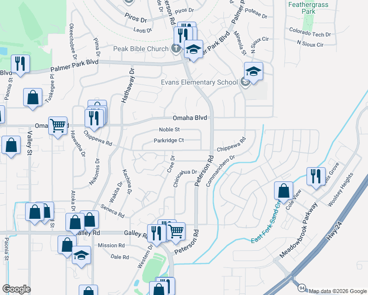 map of restaurants, bars, coffee shops, grocery stores, and more near 6879 Chippewa Road in Colorado Springs